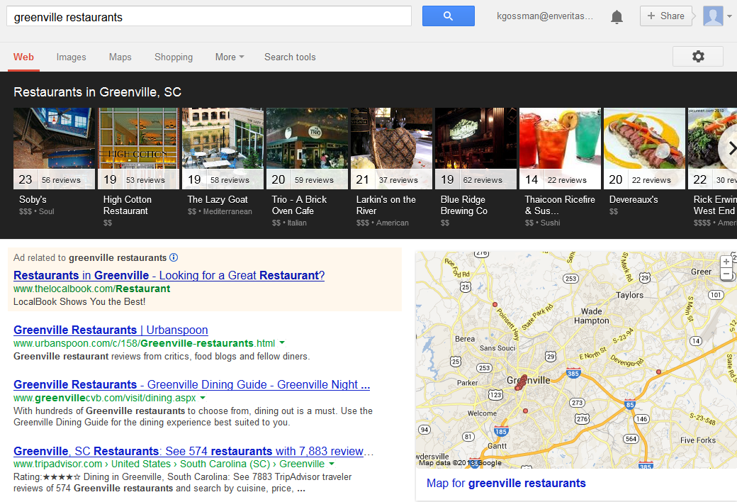 Google search results for Greenville Restaurants