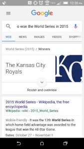 Voice search for the winner of the World Series in 2015.