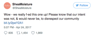 Shea Moisture tweet apologizing for commercial