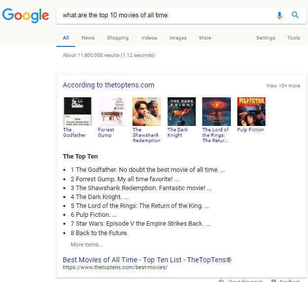 screenshot of top 10 movies search