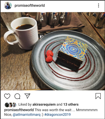 Instagram screenshot showing a picture of the Marriott carpet cake sold during DragonCon at the Marriott Marquis in Atlanta.