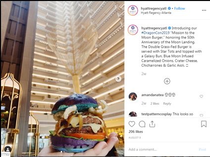 Social Media post by the Hyatt Regency hotel in Atlanta showcasing their "Mission to the Moon" Burger for DragonCon.