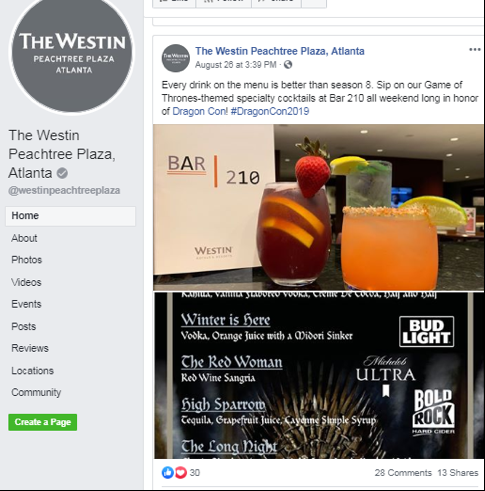 Social media post by the Westin Peachtree Plaza Atlanta showcasing their Games of Thrones themed drinks for DragonCon.